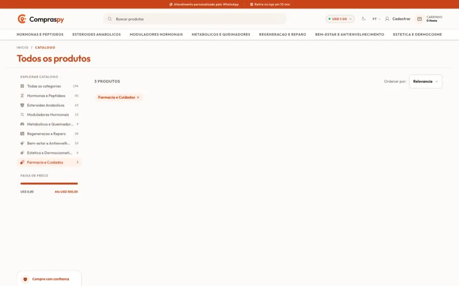 Listagem real da categoria Farmácia e Cuidados do Compraspy, com preços em reais, guaranis e dólares