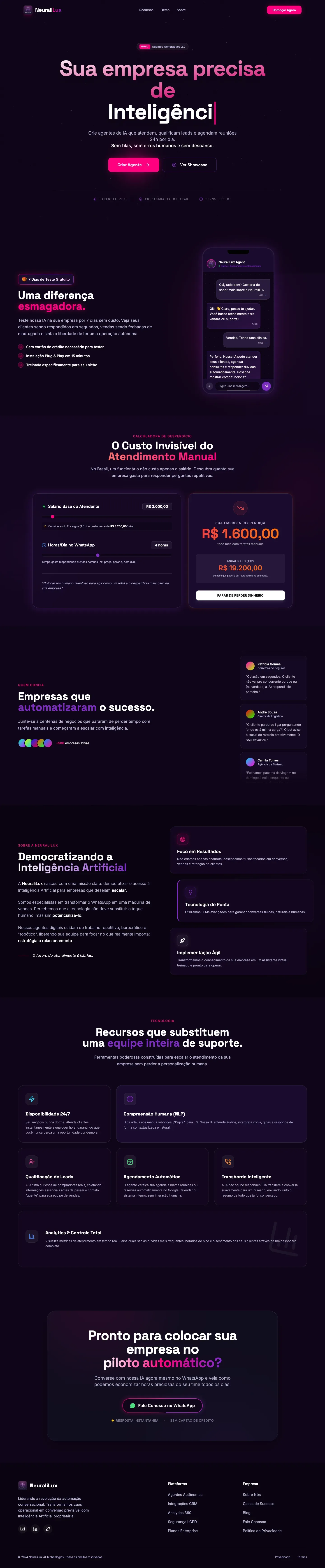 Landing page real do Neuralilux, com fundo escuro e destaques em magenta